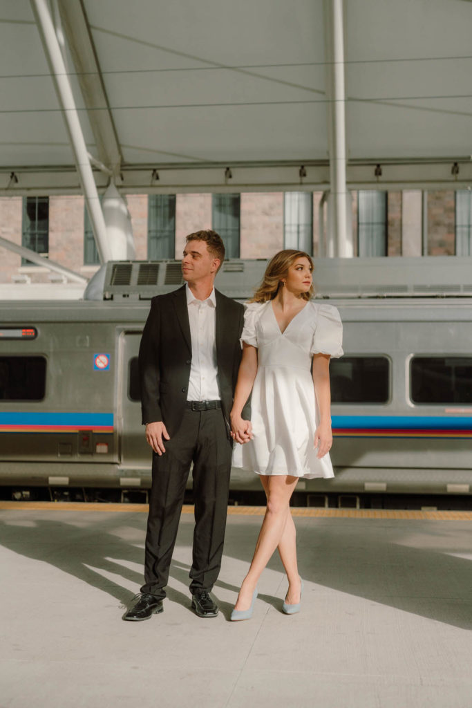 downtown engagement session at the train station